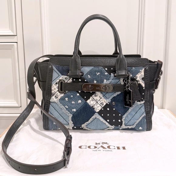 💙 Coach Swagger 27 Canyon Denim Quilted Patchwork Pebbled Leather Satchel - Picture 1 of 17